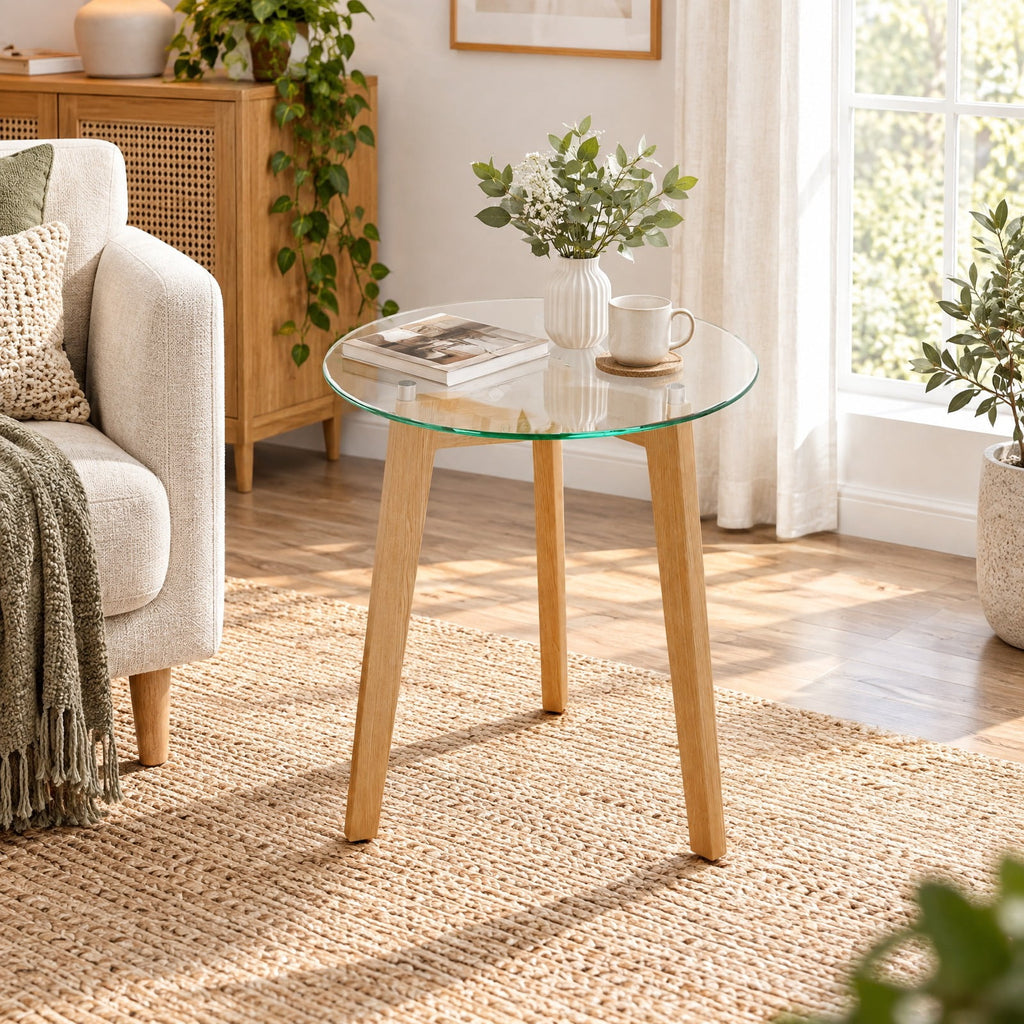 Airfind Tempered Glass End Table Round with Solid Rubber Wood Structure-1 Piece, 110 Lbs Capacity, Tempered Glass Rubber Wood Plywood, Natural