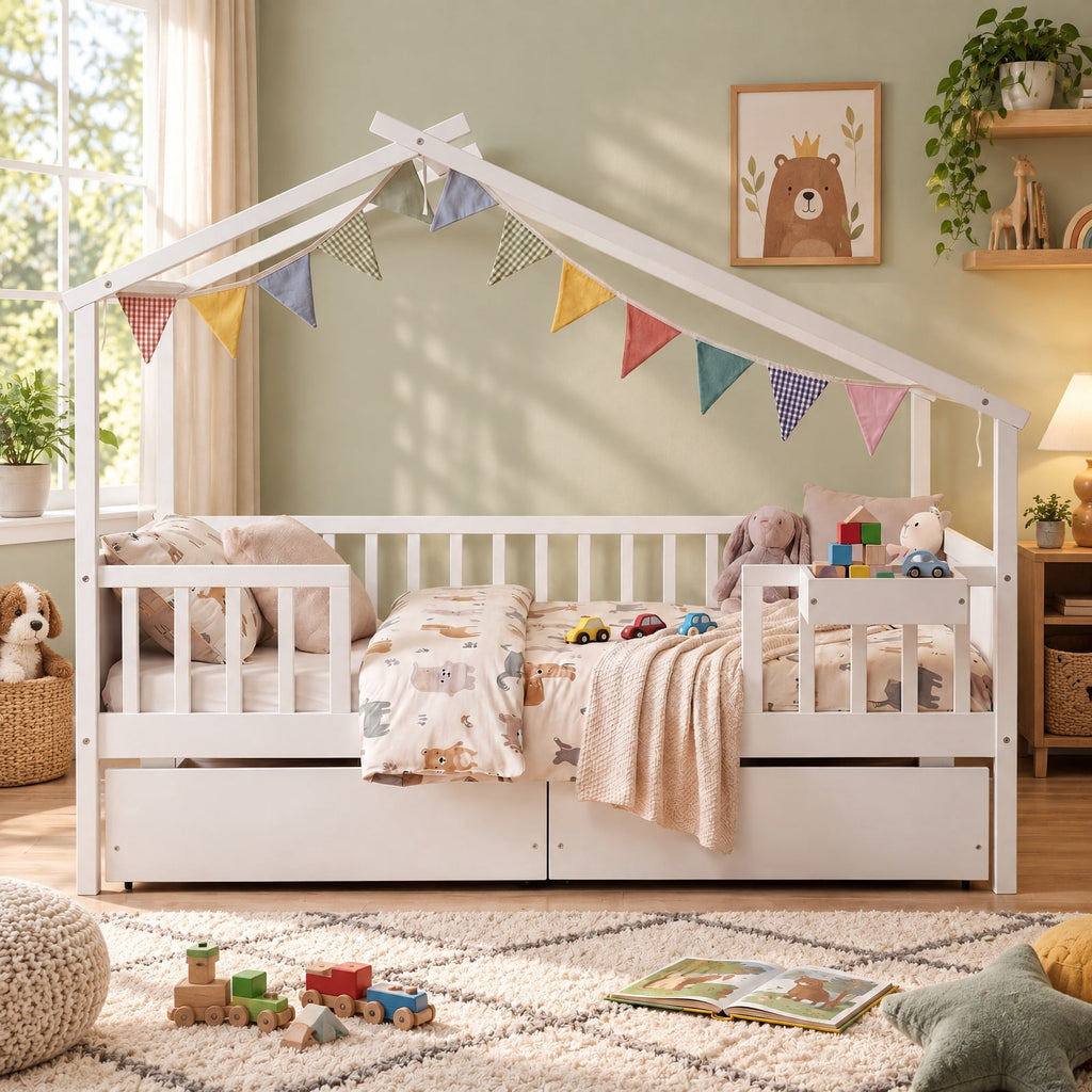 Airfind Full Size House Bed with Roof and Fence Rails for Kid, 550 lbs Capacity, Pine Wood Plywood MDF Engineered Wood Frame, White