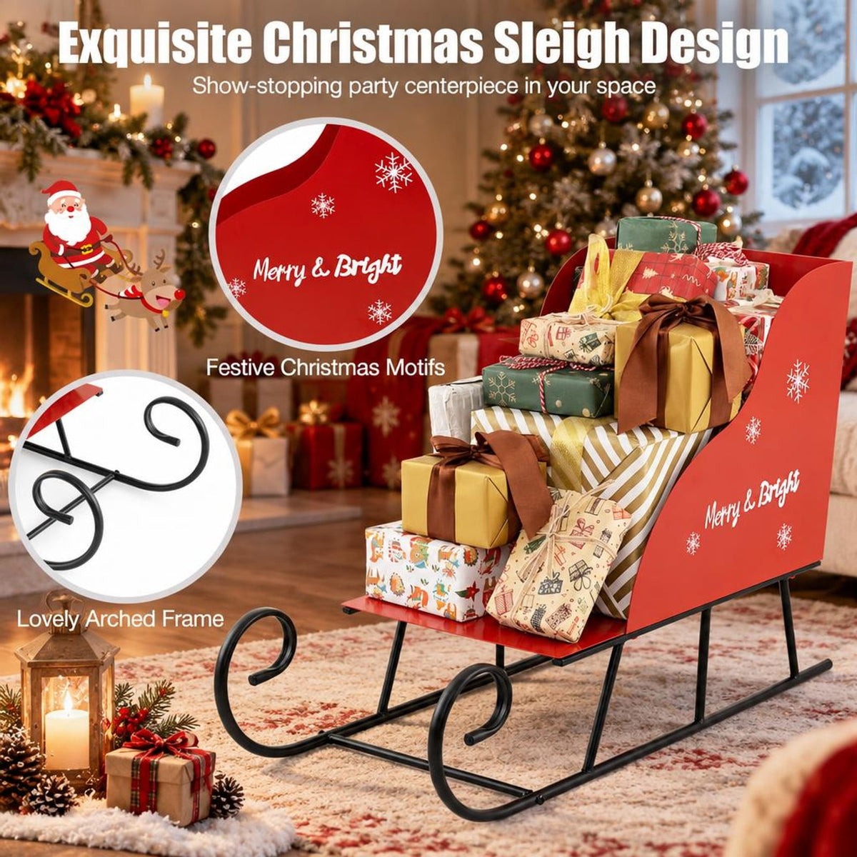Airfind Metal Christmas Santa Sleigh Basket Xmas Santas Gift Storage Sleigh, 33 lbs Capacity, Metal Frame, 29in x 12.5in x 20in Footprint, Red and Black
