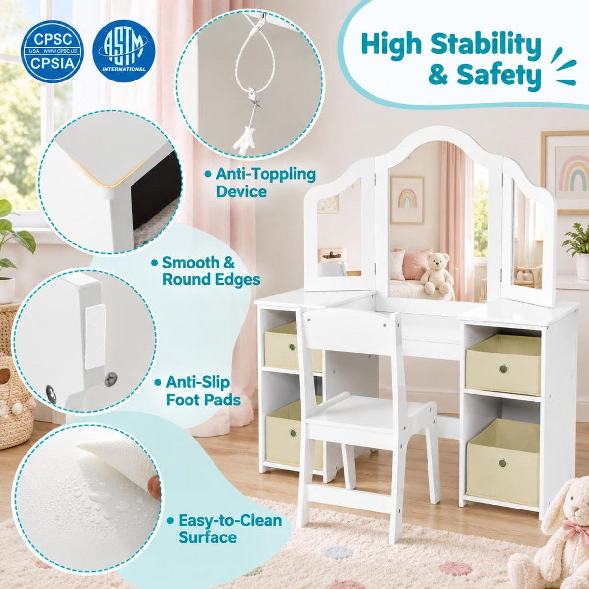 Airfind Kids Vanity Table and Chair Set with Removable Mirrors and 4 Storage Bins, 220 lbs Capacity, MDF Frame, for 3+ Years Old, White