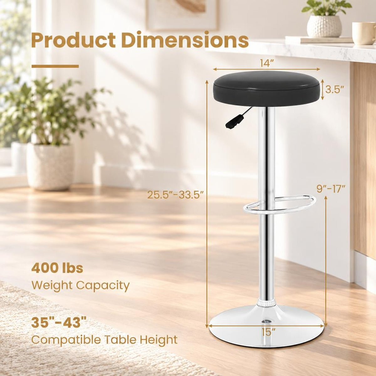 Airfind Height, adjustable Bar Stool with 360° Swivel for Kitchen and Dining, Black, 25.5 in, 33.5 in height adjustment for a flexible and perfect fit