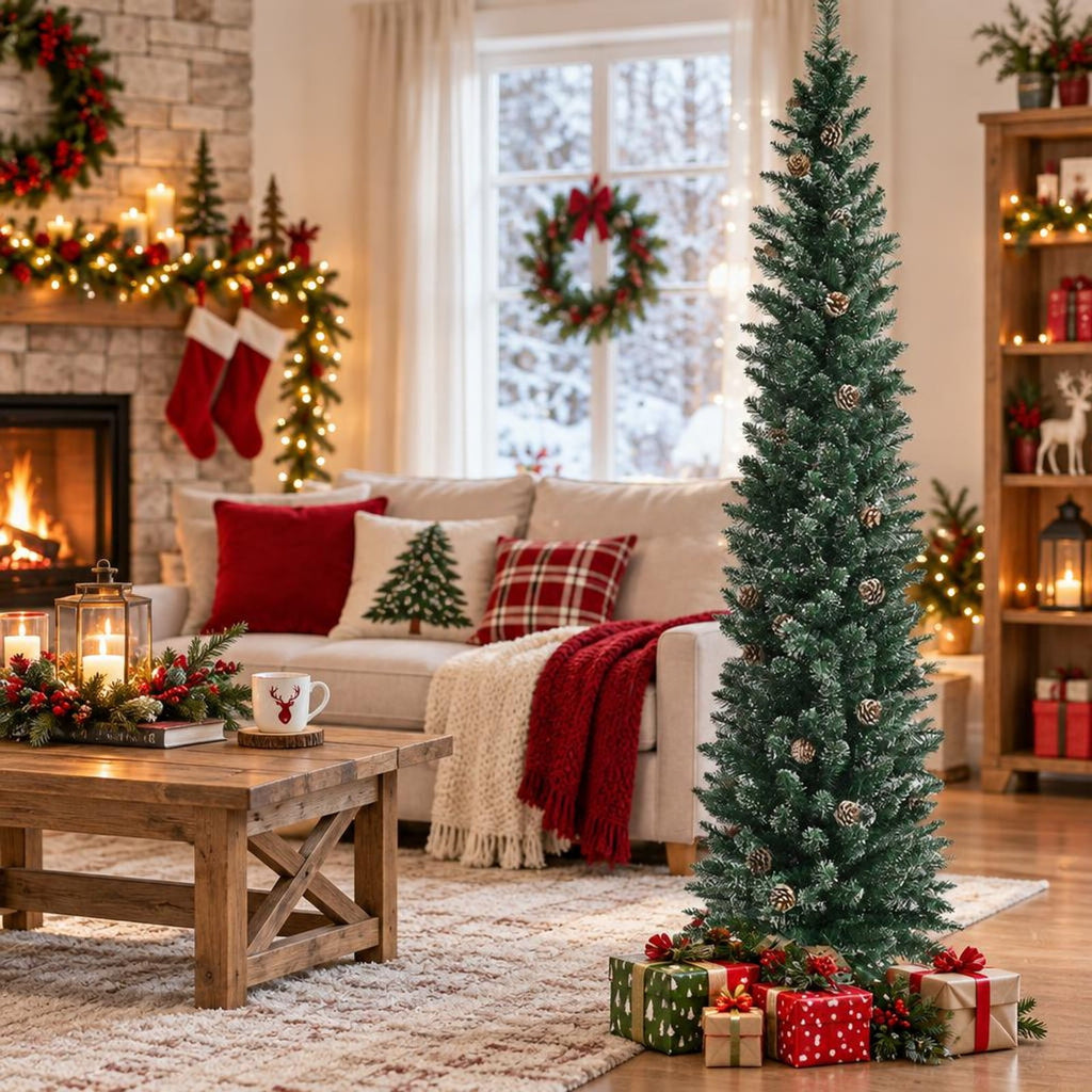 Airfind 7 Ft Pencil Christmas Tree featuring Snowy PVC Branches, 351 Tips, 41 Pine Cones and Foldable Metal Stand for Holiday Decor, Green