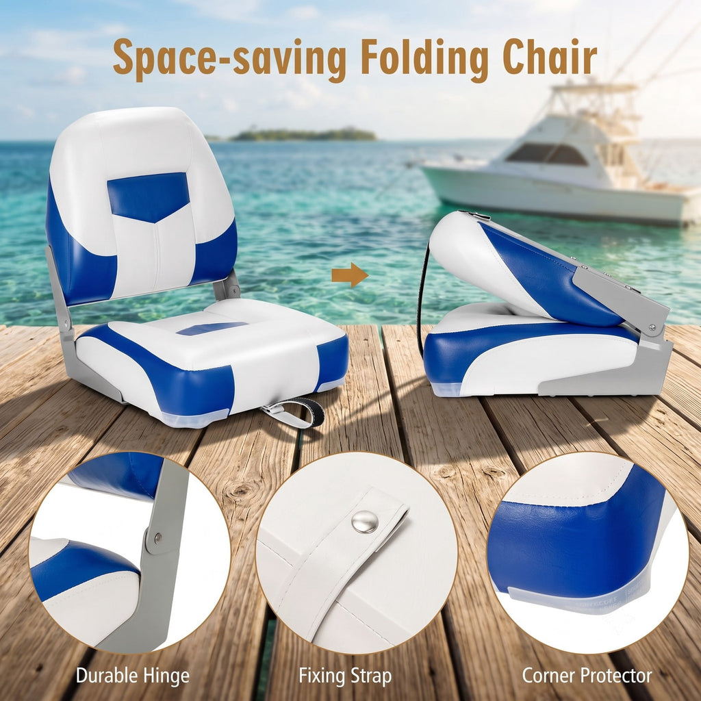 Airfind Folding Low Back Fishing Boat Seats 2 Pack with Padded Cushion and Stainless Steel Screws for Jon Boats and Pontoon Fishing, Blue and White