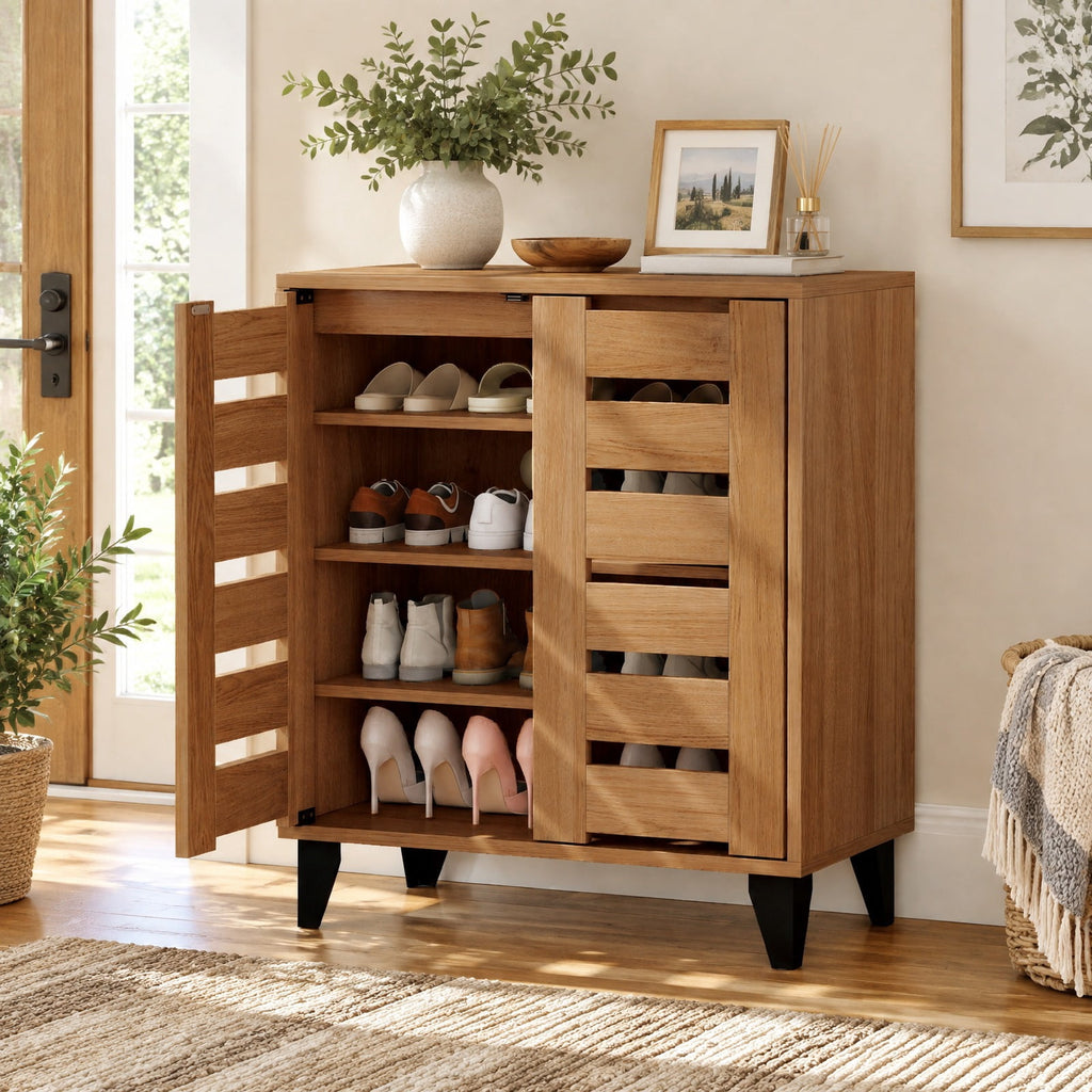 Airfind 4-Tier Farmhouse Shoe Organizer with Louvered Door, 110 lbs Capacity, MDF Engineered Wood Plastic Frame, 24 x 13 x 28 Footprint, Natural
