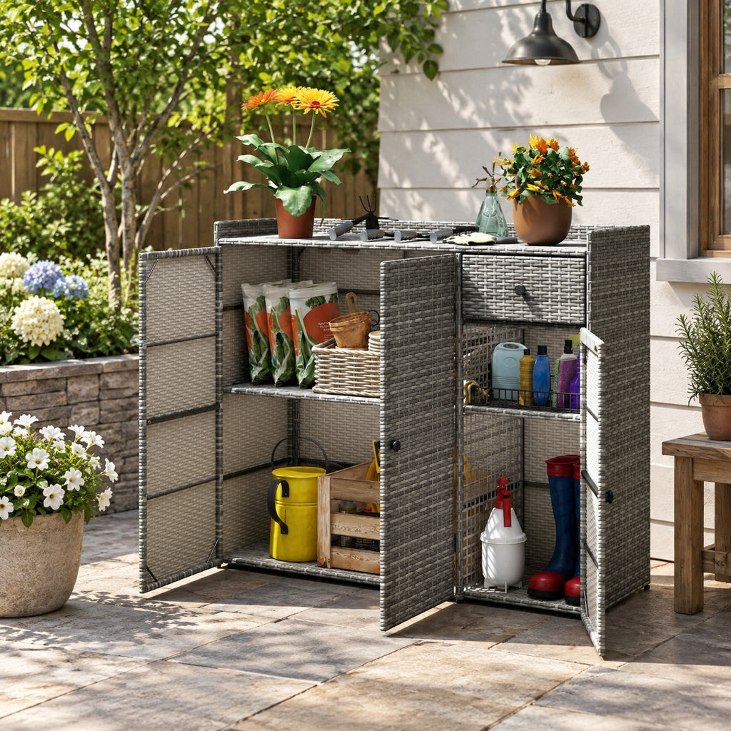 Airfind 3 Doors Outdoor PE Wicker Storage Cabinet for Deck, 110 lbs Capacity, PE Rattan Metal Frame, 48 x 17 x 40 Footprint, Gray