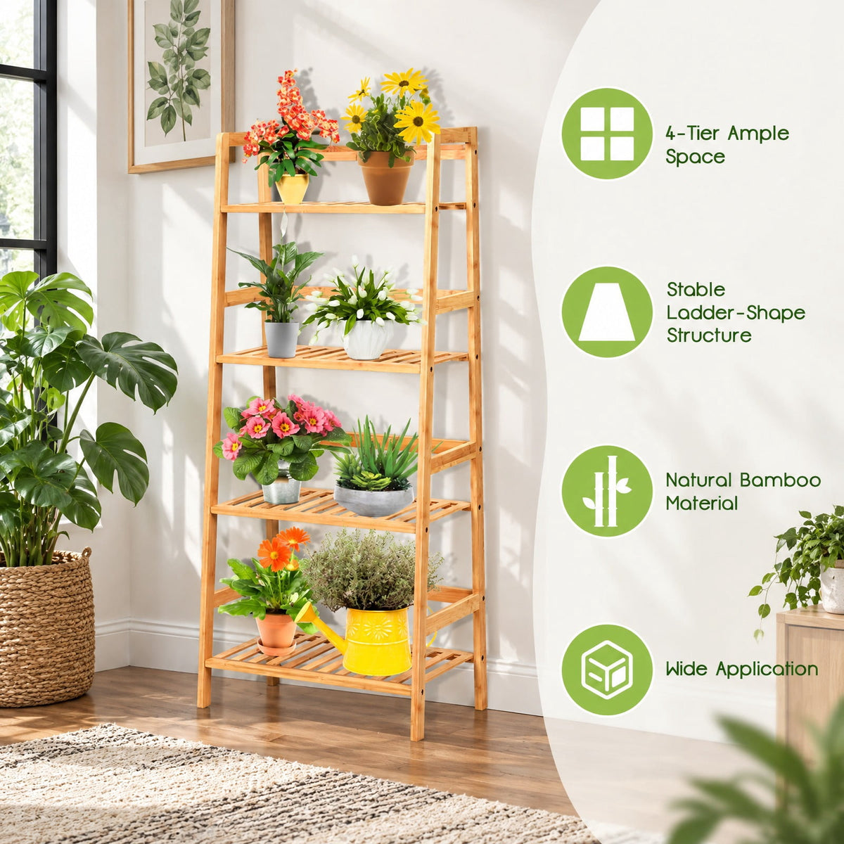 Airfind 4-Tier Bamboo Plant Rack with Guardrails Stable and Space-Saving, 22 lbs per tier Capacity, Bamboo Frame, 19 x 12.5 x 45 Footprint