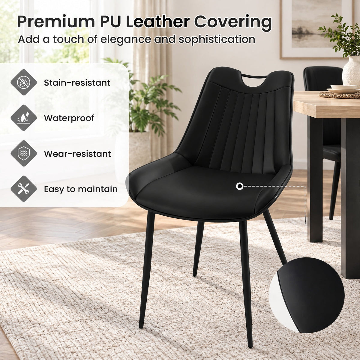 Airfind Dining Chair Set of 4 Faux Leather Upholstered Kitchen Chairs with Metal Legs, 330 Lbs Capacity, PU Leather Sponge Metal, Black