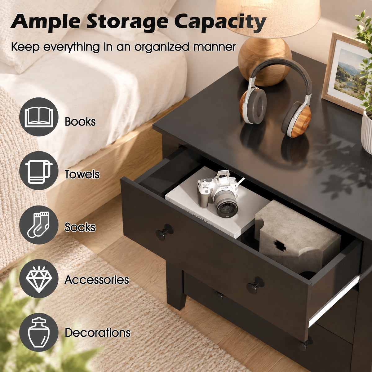 Airfind 3 Drawer Dresser Chest of Drawers Bedside Table-Black Wood Grain, MDF Frame, 28in x 18in x 26in Footprint, Dark Brown