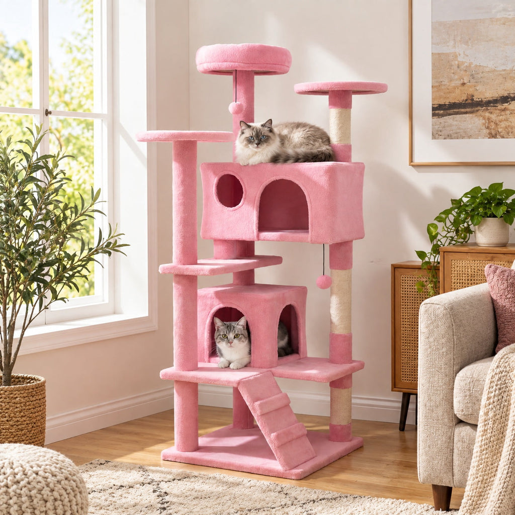 Airfind 52 Inch Tall Cat Tree Tower for Indoor Cats, 22 lbs Capacity, Engineered Wood Sponge Plush Fabric Sisal Frame, Pink