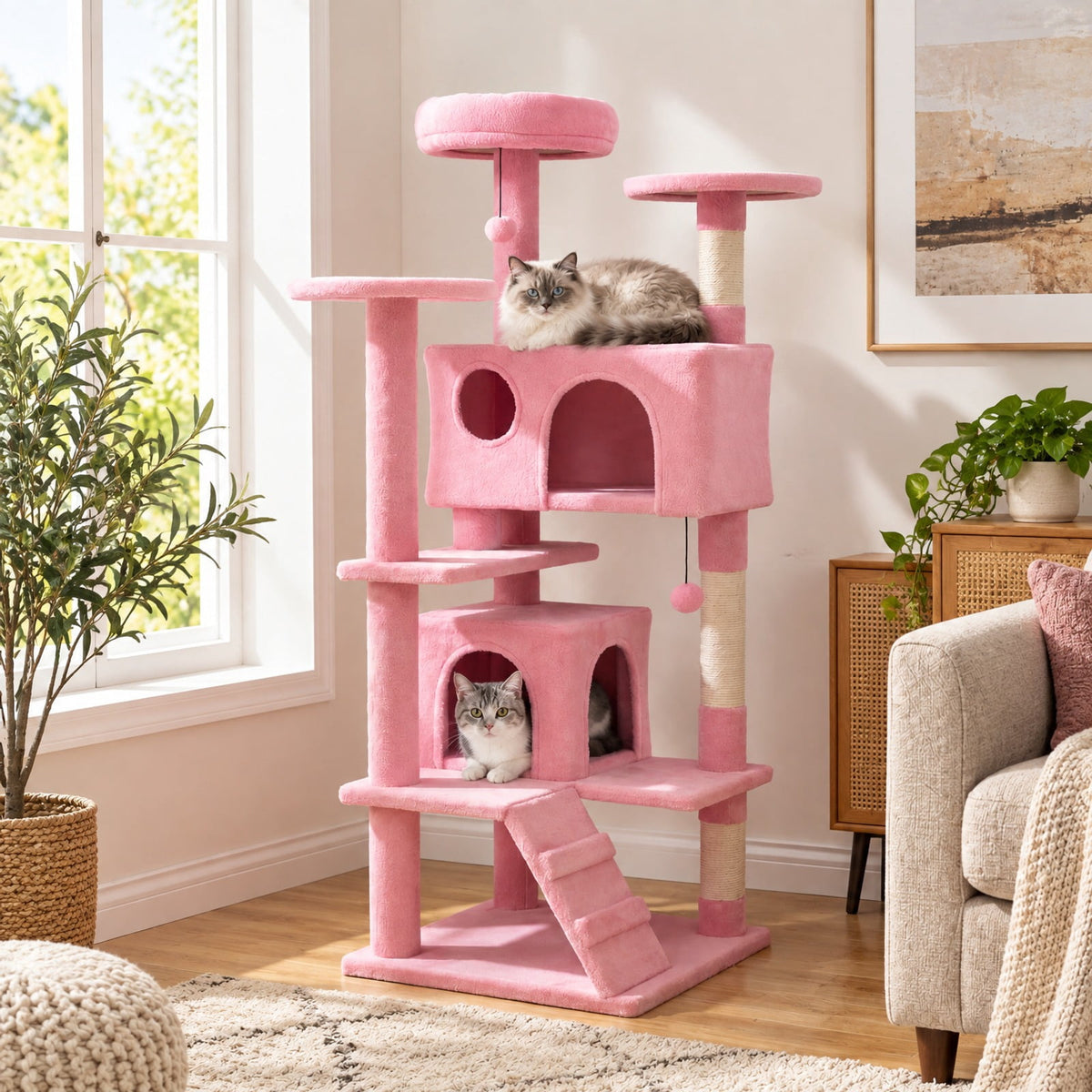 Airfind 52 Inch Tall Cat Tree Tower for Indoor Cats, 22 lbs Capacity, Engineered Wood Sponge Plush Fabric Sisal Frame, Pink