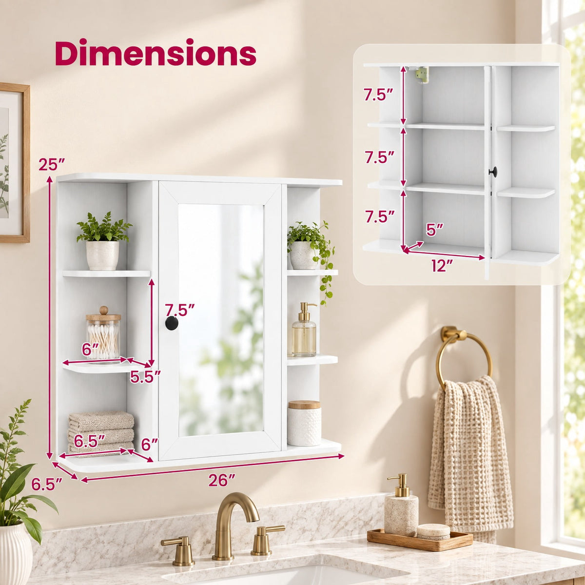 Airfind Wall Mounted Bathroom Medicine Cabinet with Mirror and Shelves, 120 lbs Capacity, MDF Engineered Wood Glass Frame, White