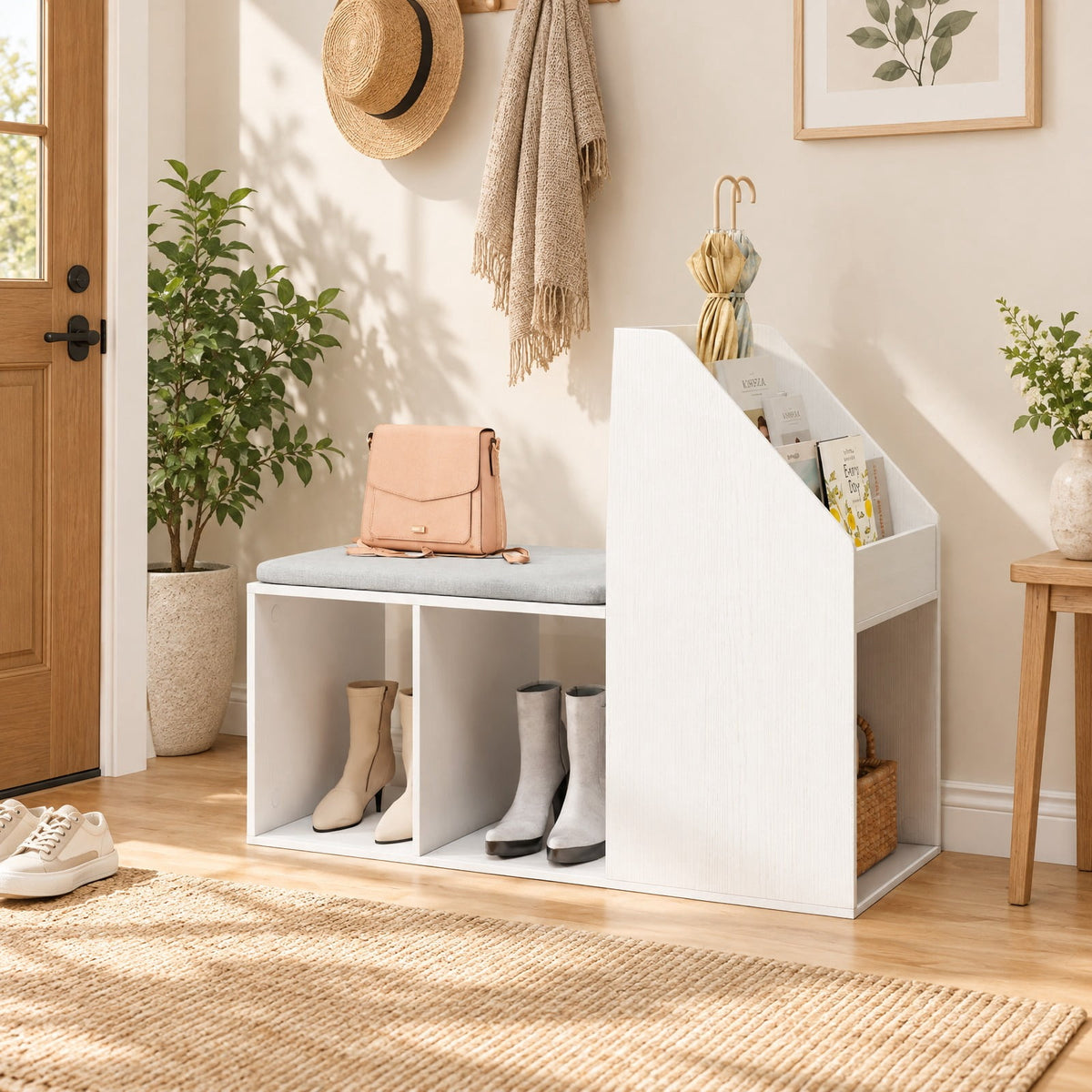 Airfind Shoe Storage Bench with Removable Seat Cushion and 6 Storage Compartments, 200 lbs Capacity, 38in x 15.5in x 31in Footprint, White