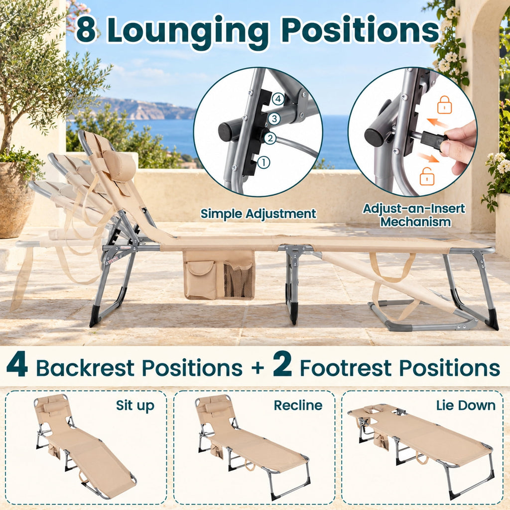 Airfind Set of 2 Tanning Chair Portable Chaise Lounge Chair with 4-Position Adjustable Backrest, 330 lbs Capacity, Beige