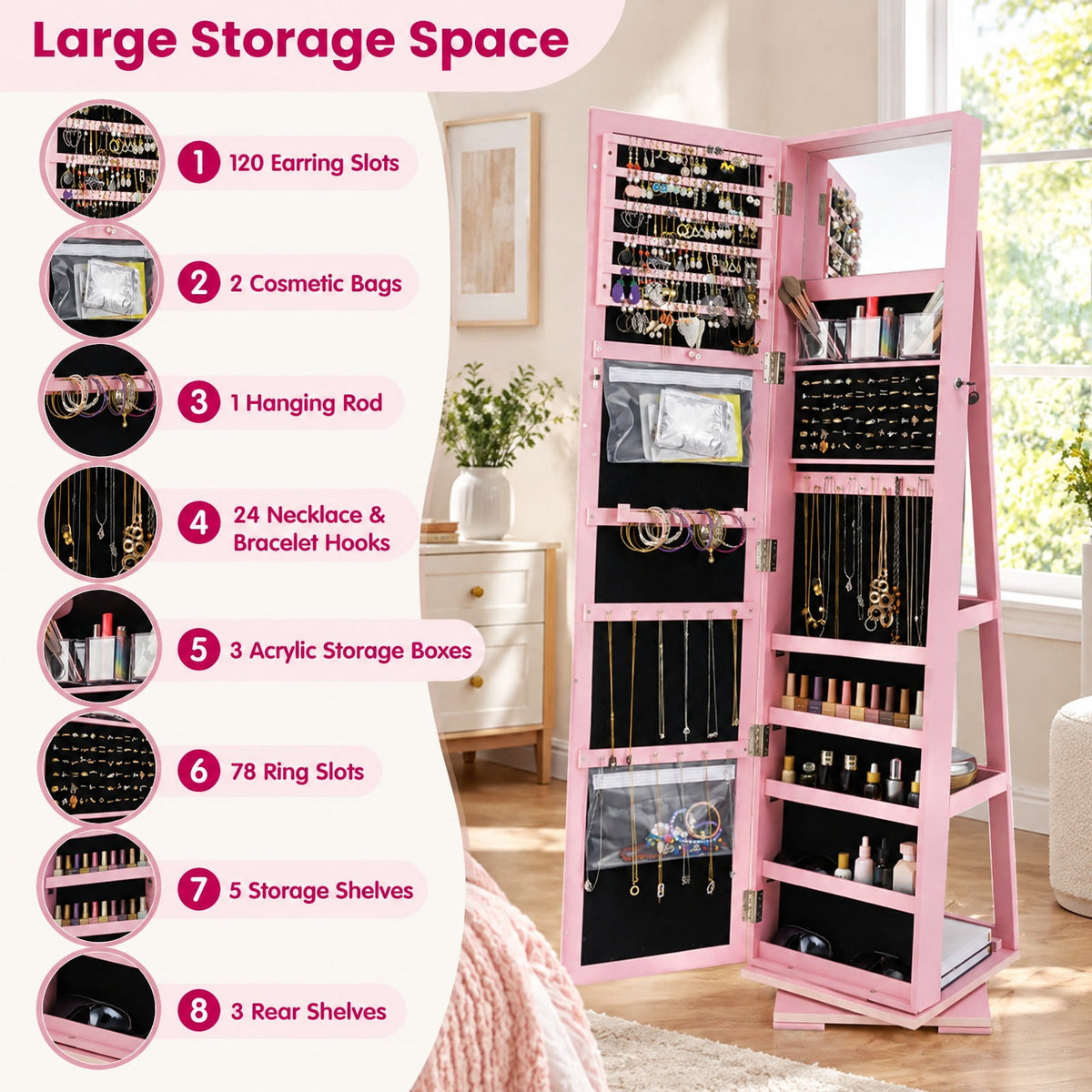 Airfind 360° Rotatable 2-in-1 Lockable Jewelry Cabinet with Full-Length Mirror, P2 MDF, 15 Inch x 15 Inch x 63.5 Inch (L x W x H) External, Pink
