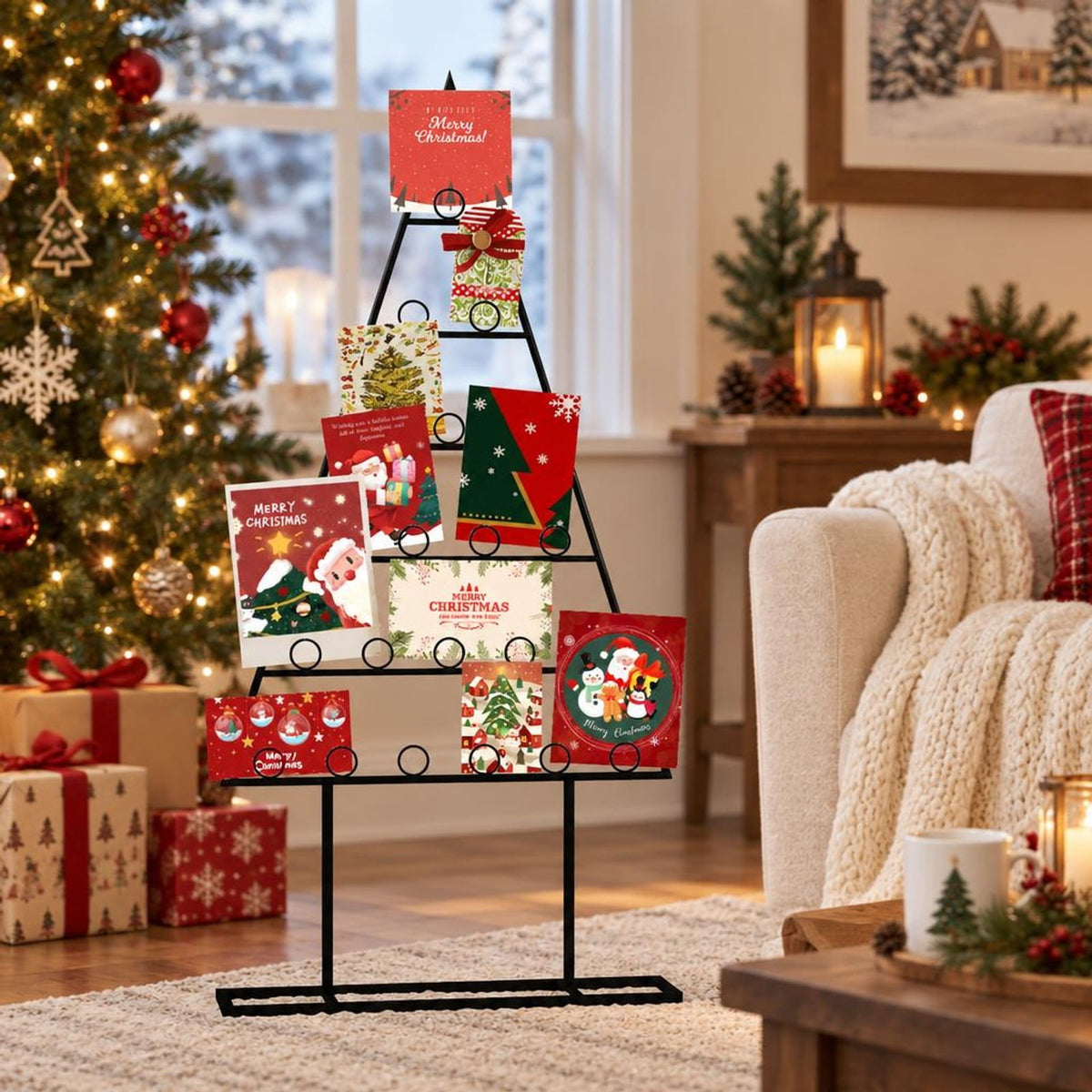 AIRFIND Christmas Card Holder Set of 2 Tree-Shaped Metal Photo Display Stands with 36 Round Clips, Large and Small Holiday Racks, Black