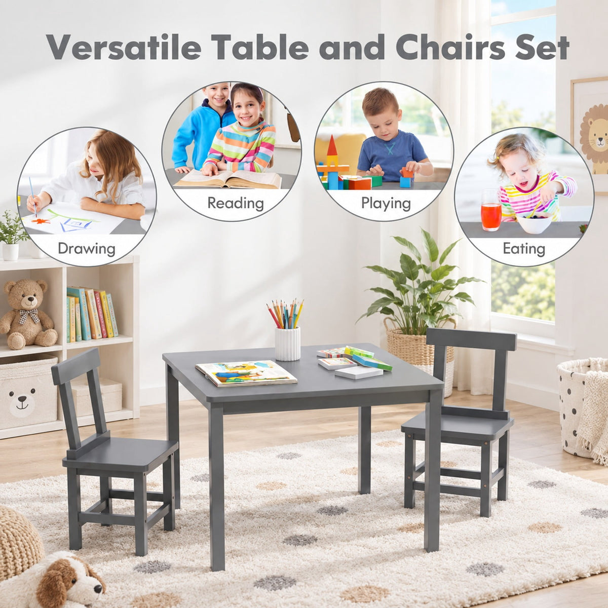 Airfind Wooden Kids Table and 2 Chairs Set with Anti-slip Foot Pads, Rubber Wood Acacia Wood MDF Frame, 30 x 30 x 22 inch Footprint, Gray