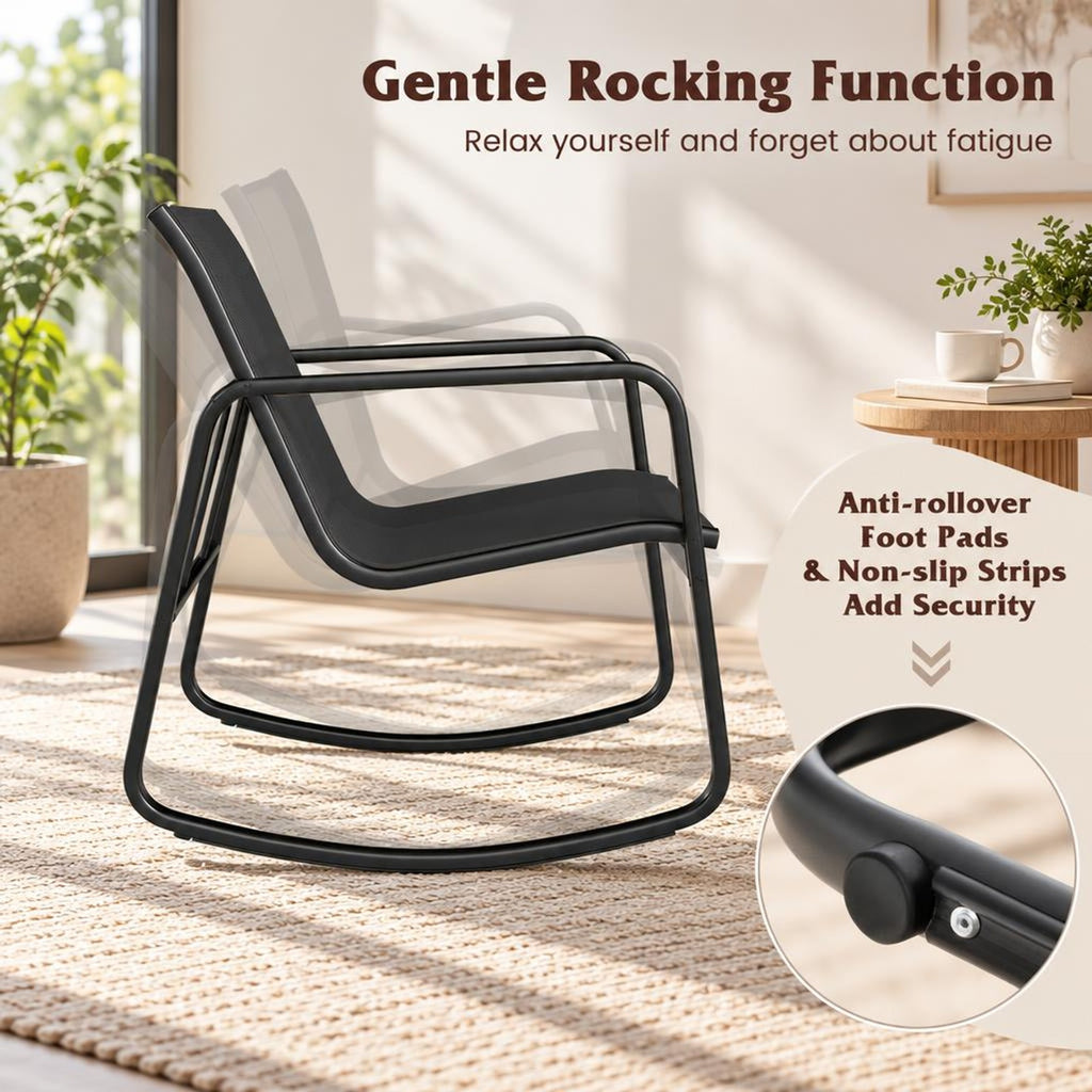 Airfind 2 Rocking Bistro Chairs and Glass-Top Table for Porch Yard Balcony, 330 lbs Capacity, Metal Fabric Tempered Glass Frame, Black