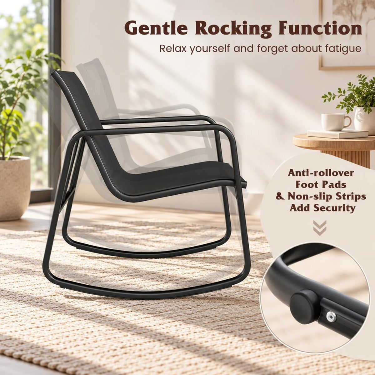 Airfind 2 Rocking Bistro Chairs and Glass-Top Table for Porch Yard Balcony, 330 lbs Capacity, Metal Fabric Tempered Glass Frame, Black