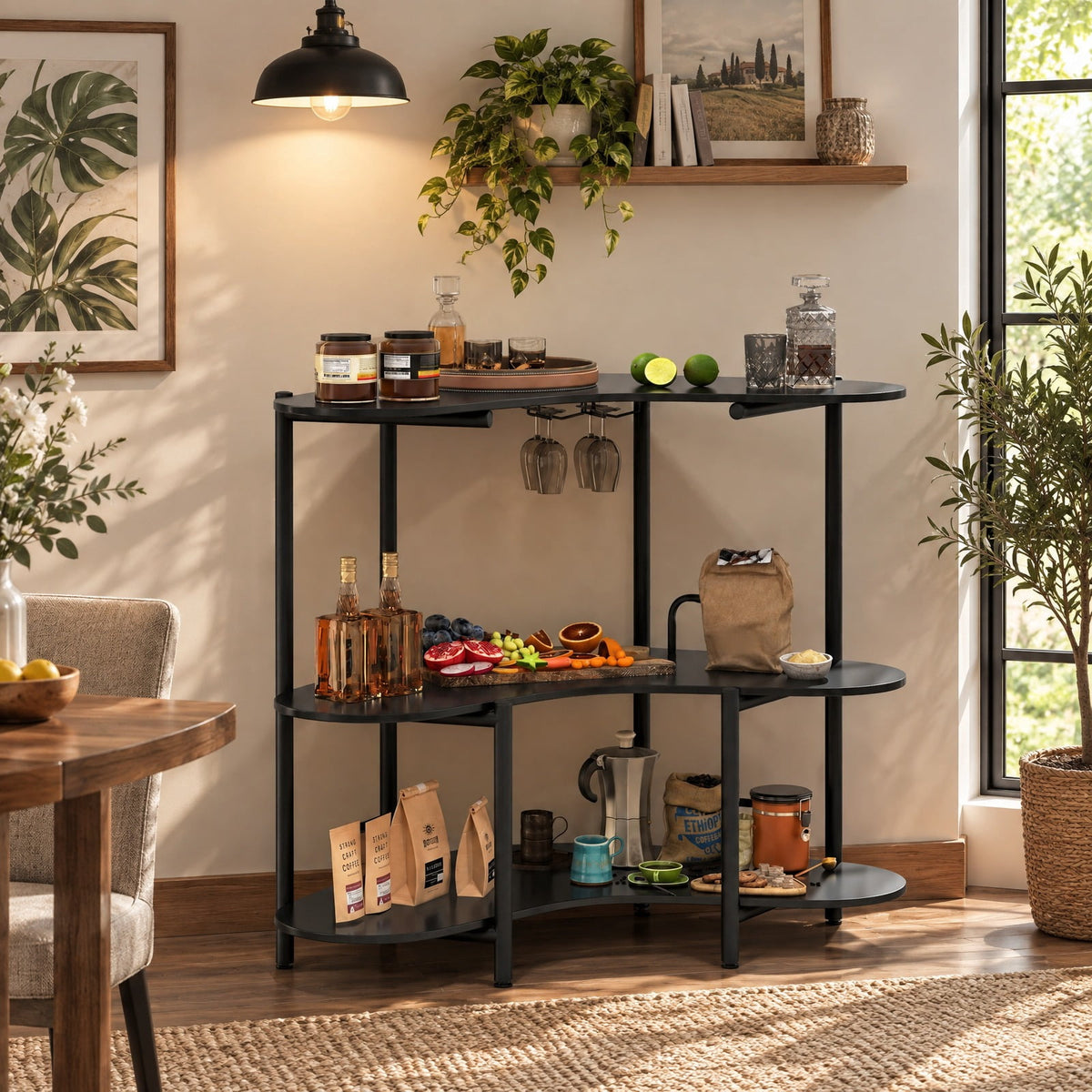 Airfind 3-Tier Liquor Bar Table with Stemware Racks and Storage Shelves, 200 lbs Capacity, Engineered Wood Metal Frame, 48 x 26 x 40 Footprint