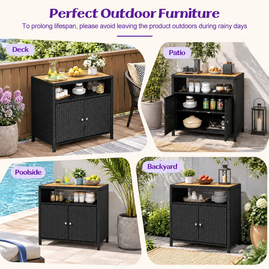 Airfind Rattan Storage Cabinet with Acacia Wood Countertop for Poolside Deck and Patio, 100 lbs Capacity, PE Rattan Acacia Wood Metal Frame, Black