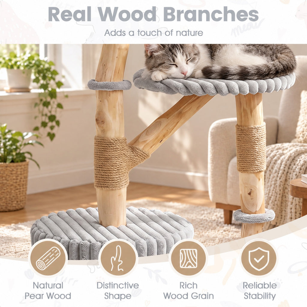 Airfind Solid Wood Cat Tree 41 Inch with Real Branches Scratching Posts and Cozy Bed, 22 lbs Capacity, Pear Wood Frame, 22 x 16 x 41 Footprint