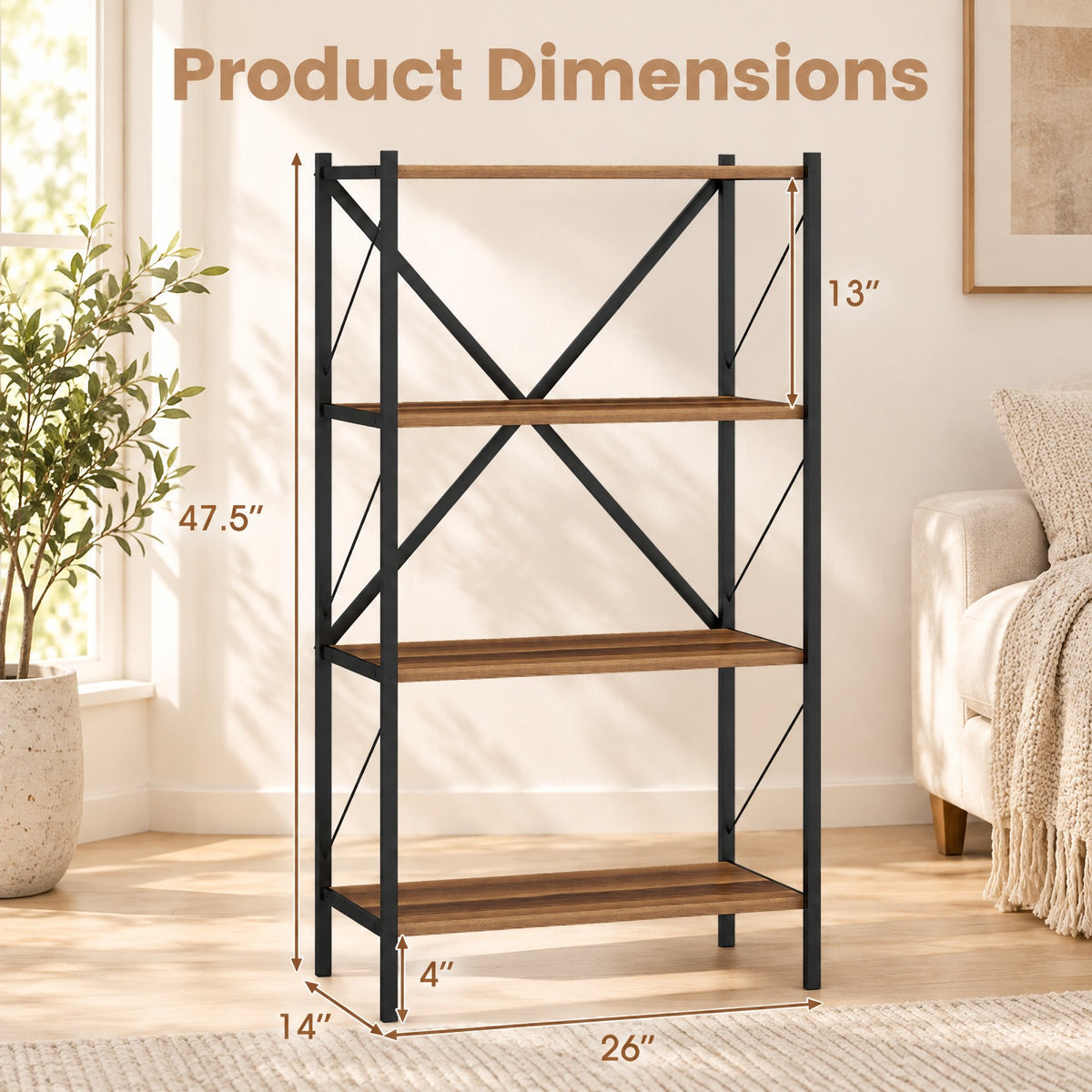 Airfind 4-Tier Bookshelf with Heavy-Duty Metal Frame, 5.5 lbs Capacity, Metal Engineered Wood Frame, Walnut