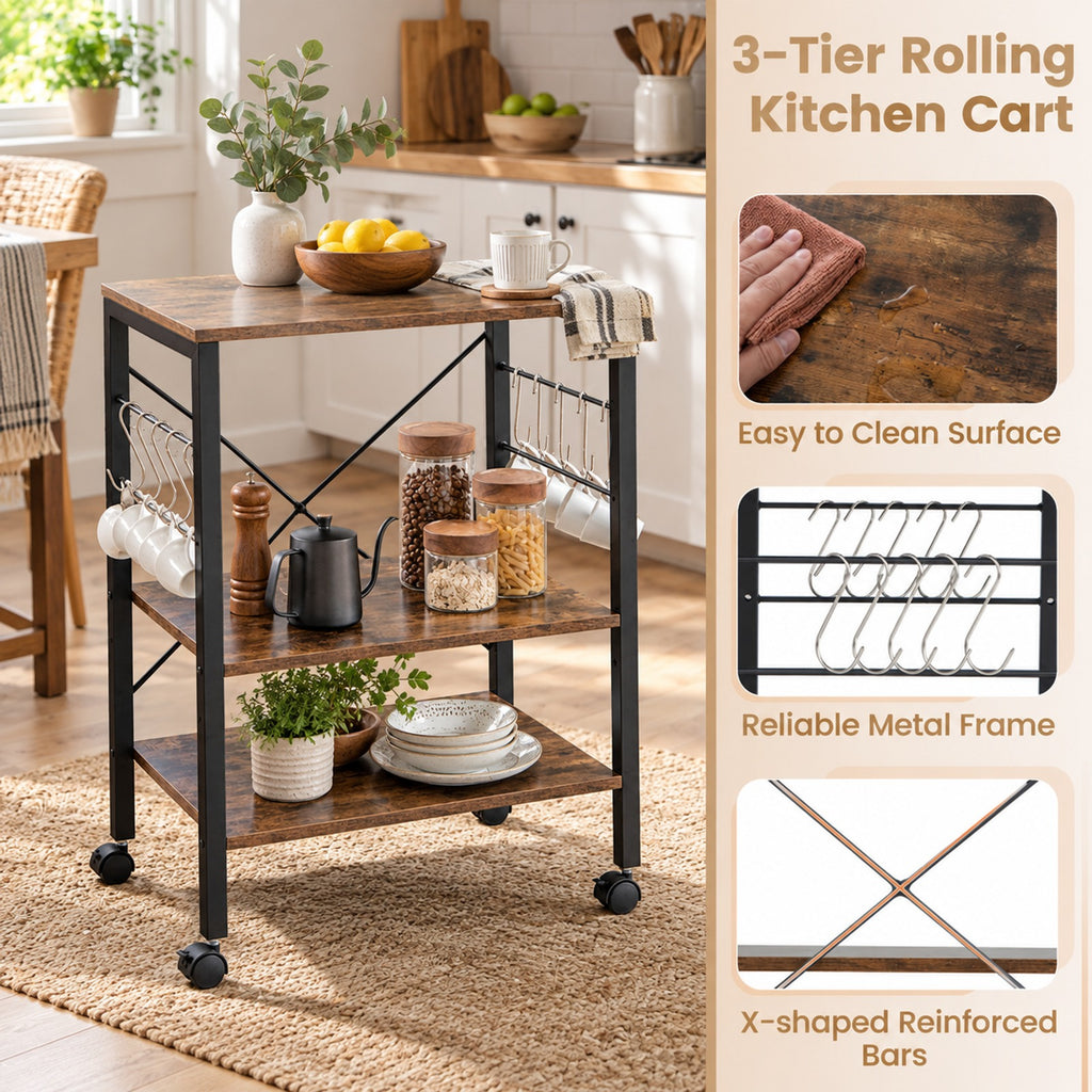 Airfind 3-Tier Kitchen Bakers Rack Microwave Oven Storage Cart with Hooks, 44 lbs Weight capacity of each shelf: 22 lbs Capacity, Iron Frame, Brown