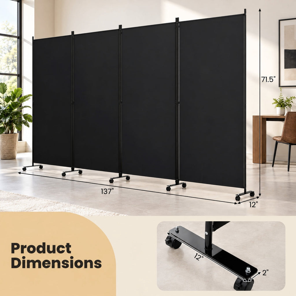Airfind 4 Panel Folding Privacy Screen Room Divider with Wheels, Polyester Fabric Metal PP Frame, 137 x 12 x 71.5 Footprint, Black