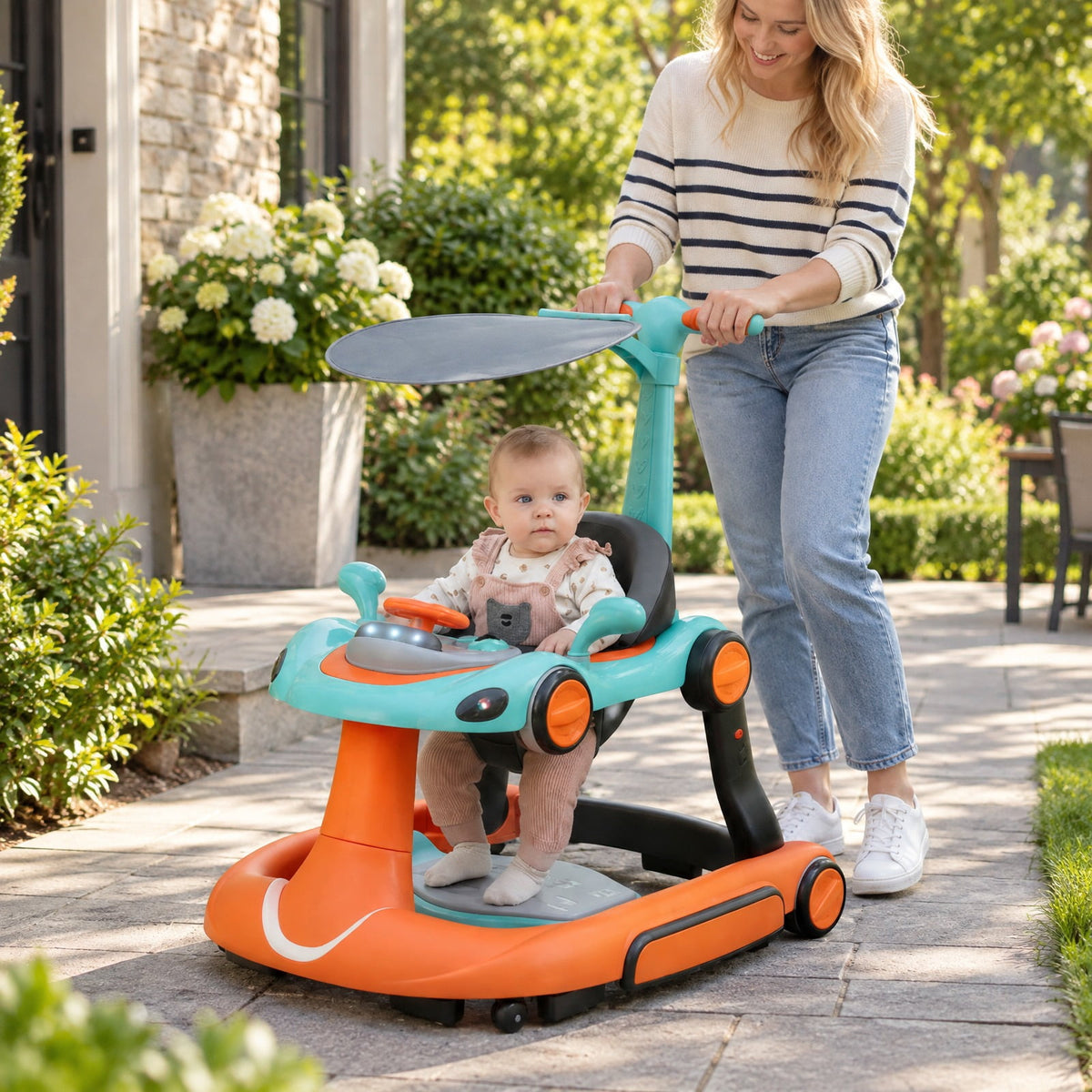 Airfind 6-in-1 Baby Walker with Canopy Portable Activity Center Bouncer Rocker Combo with Music, 27 lbs Capacity, PP ABS Fabric Sponge Frame, Green