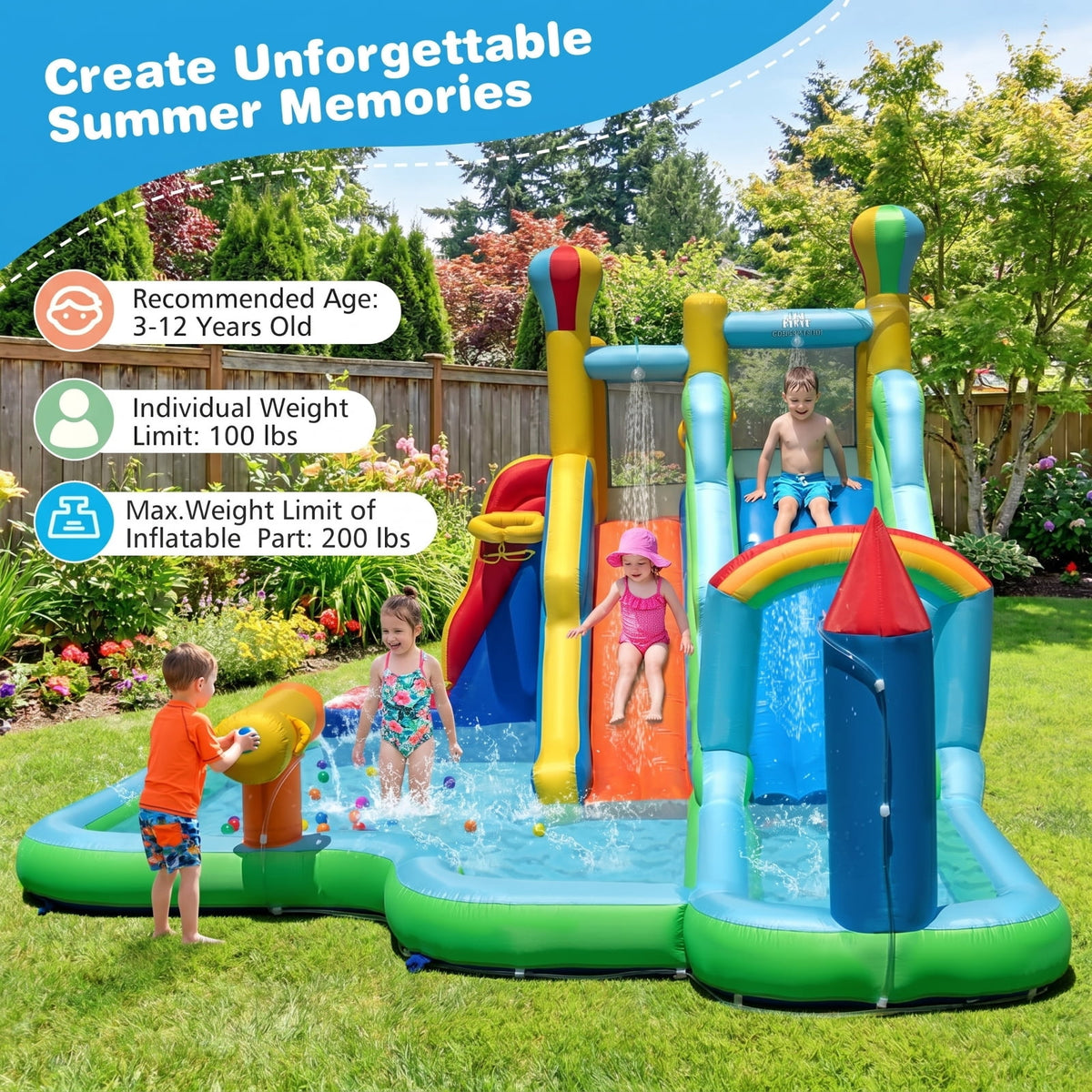 Airfind Giant Inflatable Water Slide Park with Double Long Slides, Climbing Wall, Basketball Hoop, 50 Ocean Balls, 225x145x105in for Kids 3-12
