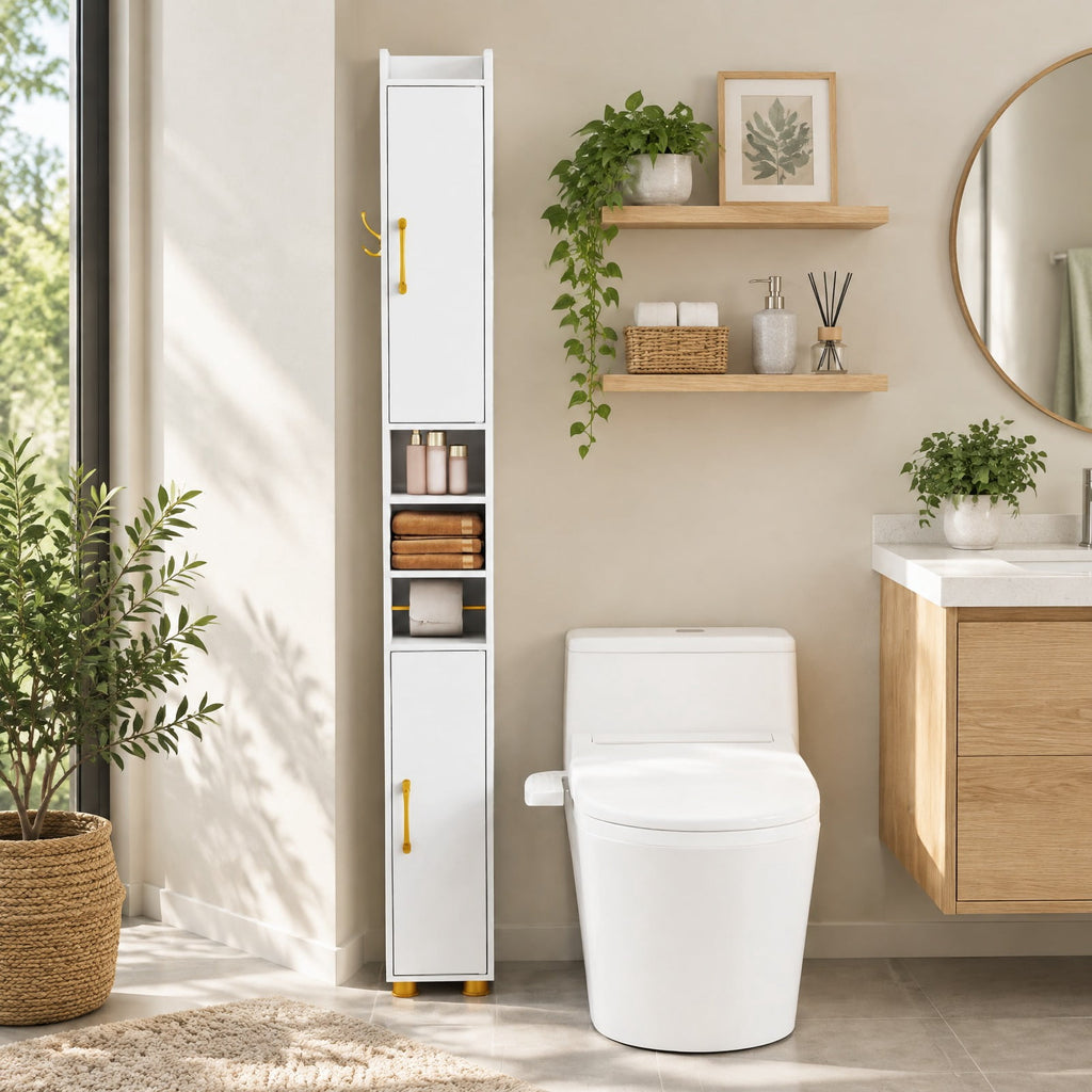 Airfind Narrow Bathroom Storage Cabinet featuring Open Shelves and Toilet Paper Holder, 11 lbs Capacity, Engineered Wood Metal Plastic Frame, White