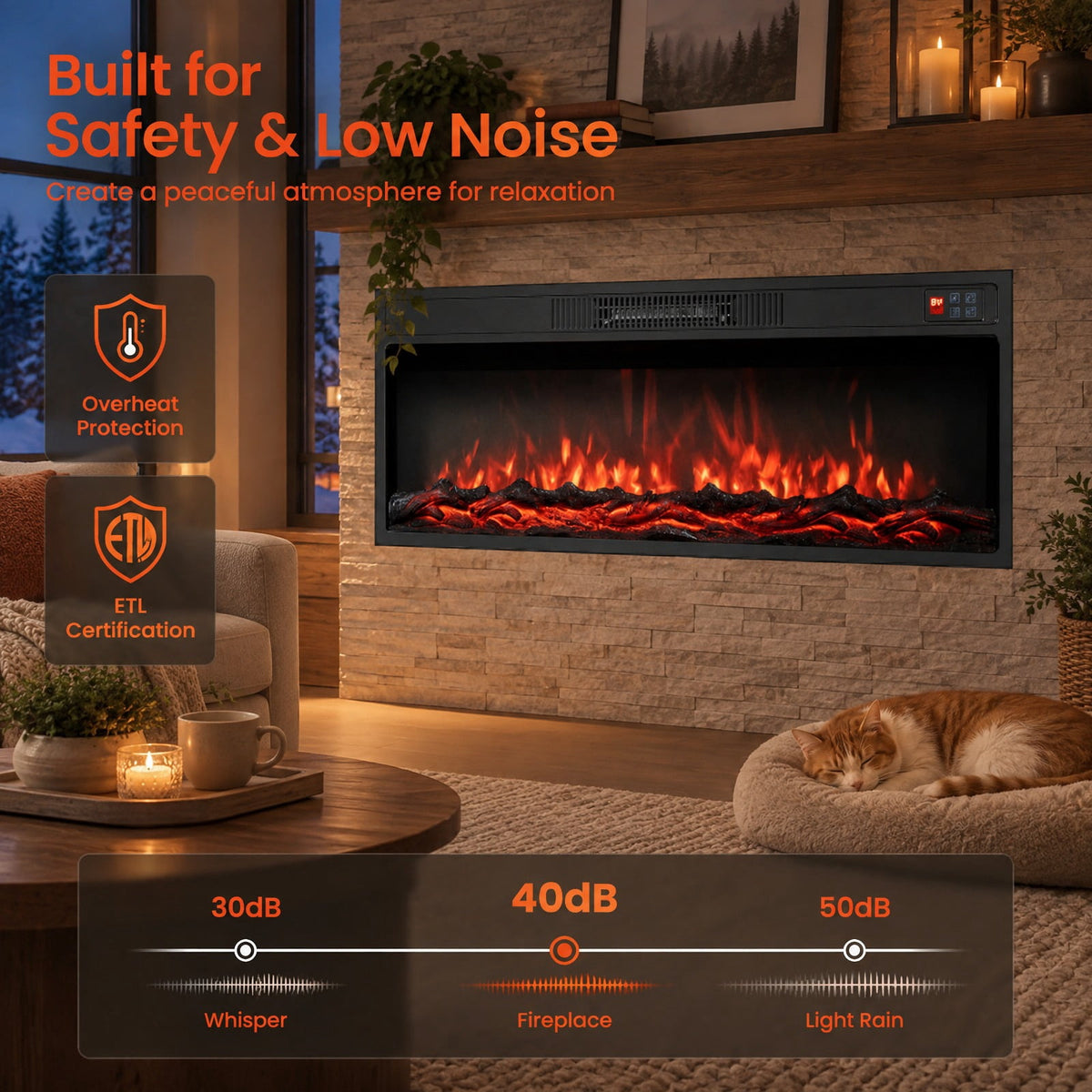 Airfind 36 Inch Recessed Electric Fireplace Heater with Adjustable Flame Colors and Brightness, Metal Tempered Glass 36 inch Frame, Black