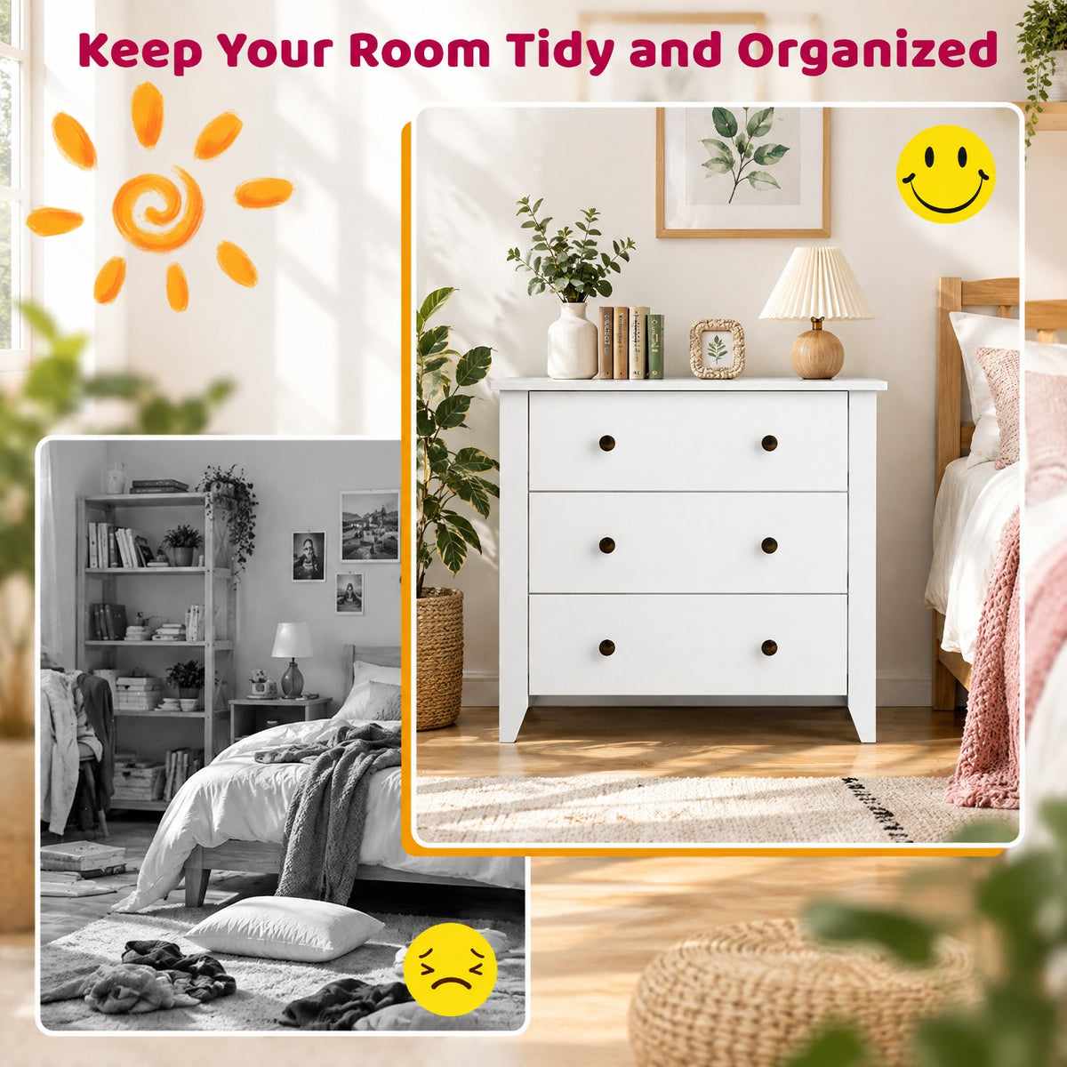 Airfind 3 Drawer Dresser Chest of Drawers Bedside Table, MDF Frame, 28in x 18in x 26in Footprint, White
