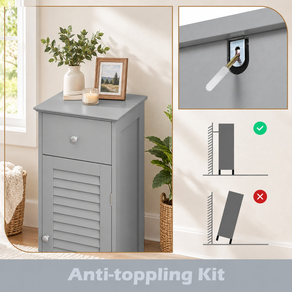 Airfind Narrow Bathroom Storage Cabinet with Adjustable Shelf and Drawer, 13in x 12in x 34.5inOverall Interior Footprint, Gray