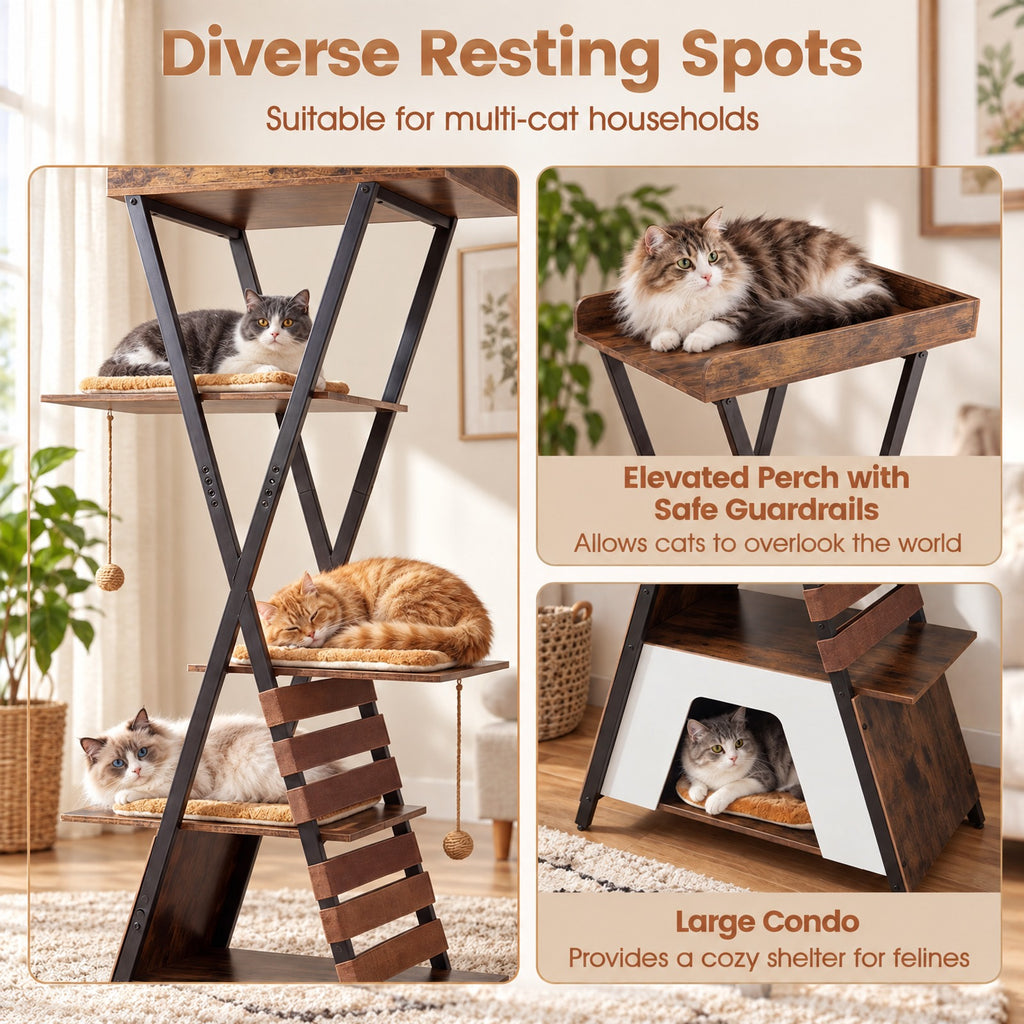 Airfind 73 Inch Multi-level Cat Tree for Indoor Cats with Elevated Perch and Large Condo, 44 lbs Capacity, Engineered Wood Frame, Brown