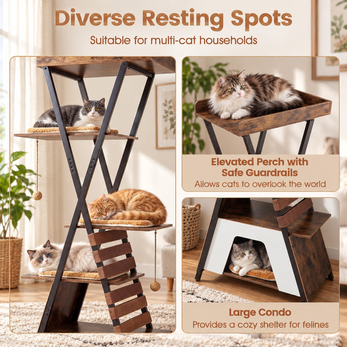 Airfind 73 Inch Multi-level Cat Tree for Indoor Cats with Elevated Perch and Large Condo, 44 lbs Capacity, Engineered Wood Frame, Brown