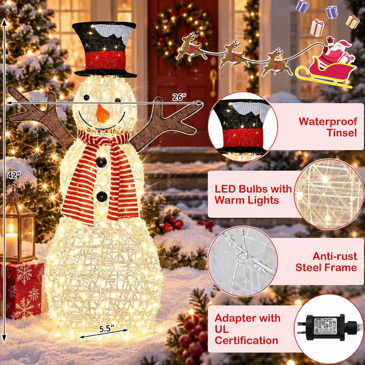 Airfind Indoor/Outdoor Christmas Lighted Snowman Decorations with Pre-Lit 80 Lights, Steel tinsel Frame