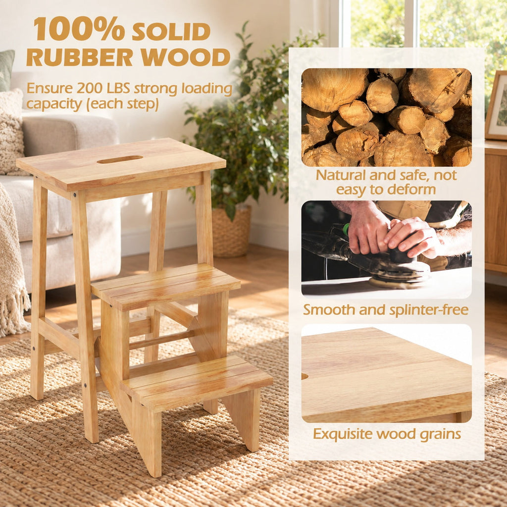 Airfind 3-in-1 Rubber Wood Step Stool with Convenient Handle, Rubber wood Frame, 22 x 16 x 24 Footprint, Natural