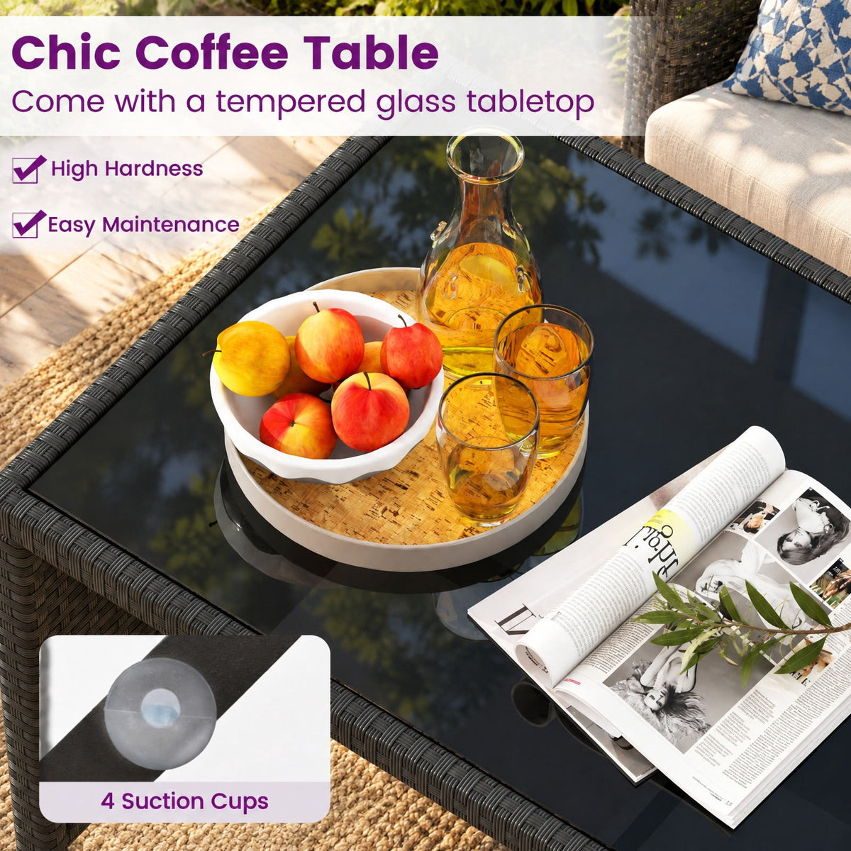Airfind 4 Pieces Patio Furniture Set with Tempered Glass Tabletop and Removable Cushion, 400 lbs Capacity, Rattan Steel Sponge Frame, Navy