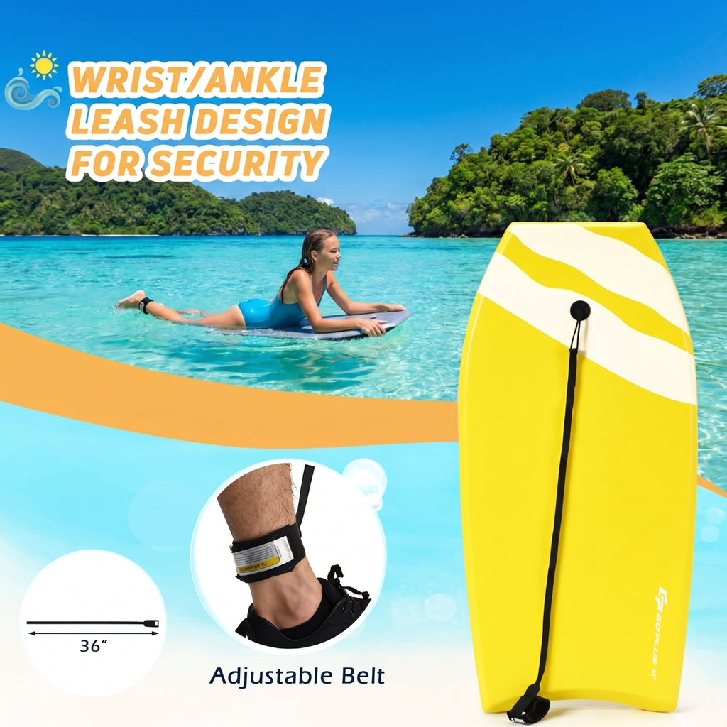 Airfind 33 Inch Yellow Surfing Bodyboard for Kids ¡ª XPE Deck, EPS Core, HDPE Slick Bottom, Crescent Tail, Wrist Leash Included