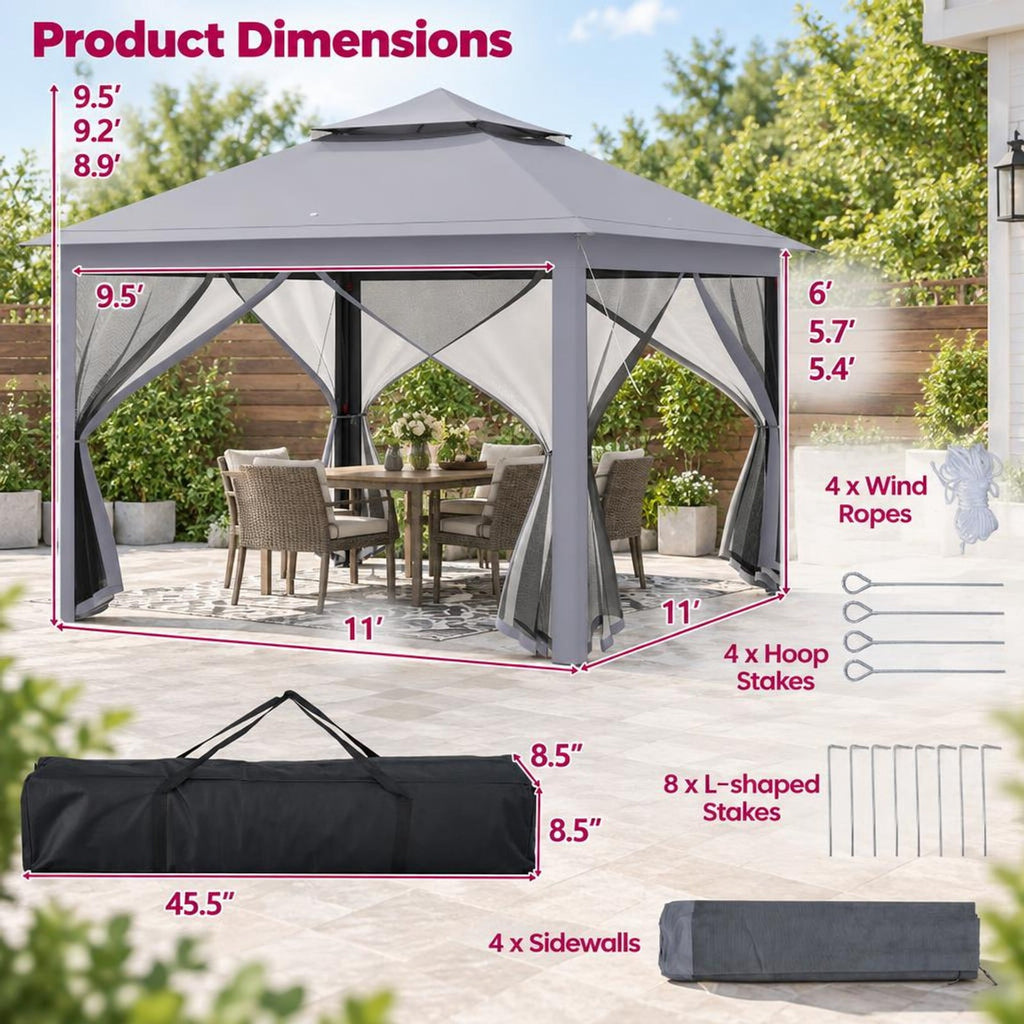 Airfind 11 x 11 Feet 2-Tier Pop-Up Gazebo Tent Portable Canopy Shelter Carry Bag Mesh, Polyester fabric steel pipe Frame, Gray