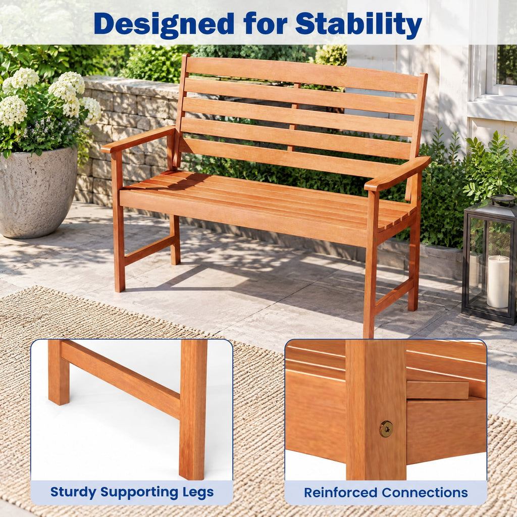 Airfind Outdoor Wooden Bench for 2 People with Curved Seat, Slatted Back and Armrests, 530 lbs Capacity for Porch and Patio, Natural