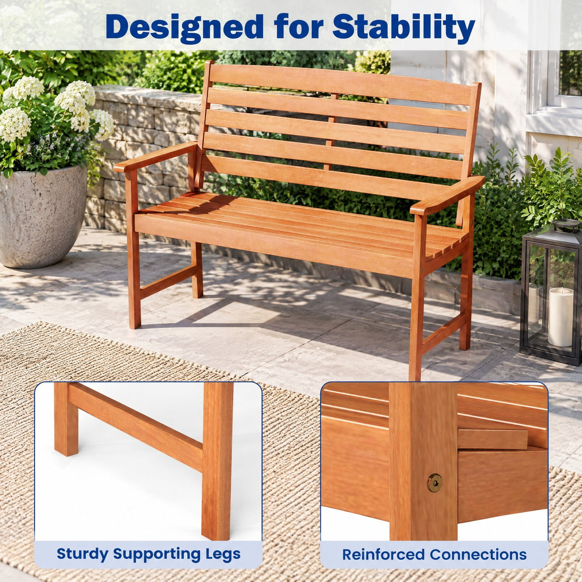 Airfind Outdoor Wooden Bench for 2 People with Curved Seat, Slatted Back and Armrests, 530 lbs Capacity for Porch and Patio, Natural