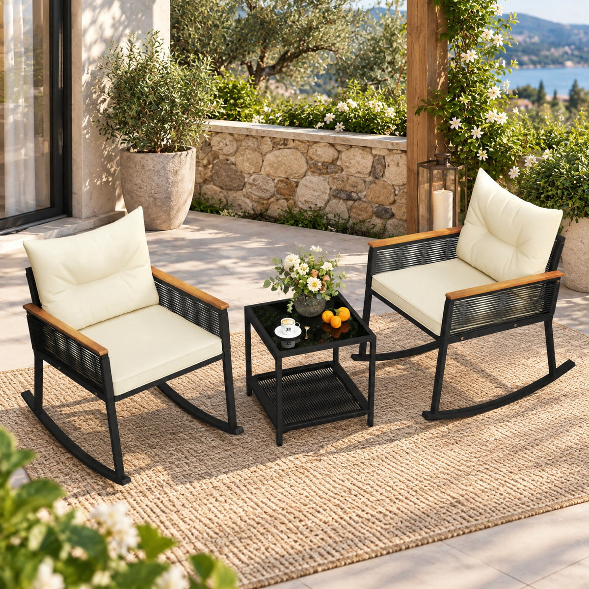 Airfind 3 Piece Outdoor PE Rattan Rocking Bistro Set with 2-Tier Coffee Table, Chair 400 lbs Capacity, 34.5 × 24.5 × 30.5 Footprint, White