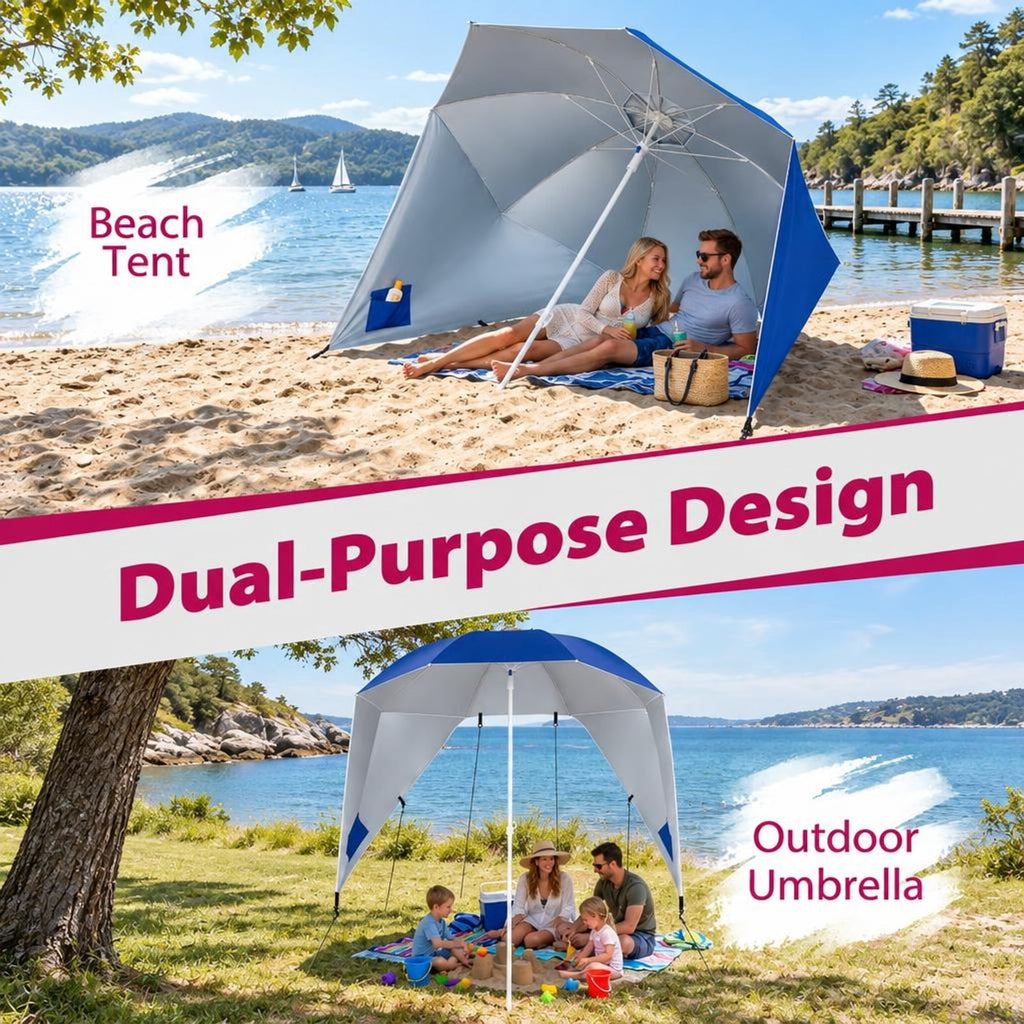 Airfind 2-in-1 Beach Shelter Umbrella UPF 50+ with Side Panels for Camping Picnic, Oxford Cloth Fiberglass Pole Metal PP Frame, Blue