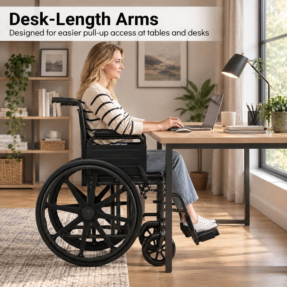 Airfind Lightweight Folding Wheelchair for Adults with Swing-Away Footrest and Desk Arm, 330 lbs Capacity, Metal Faux Leather Nylon Plastic Frame