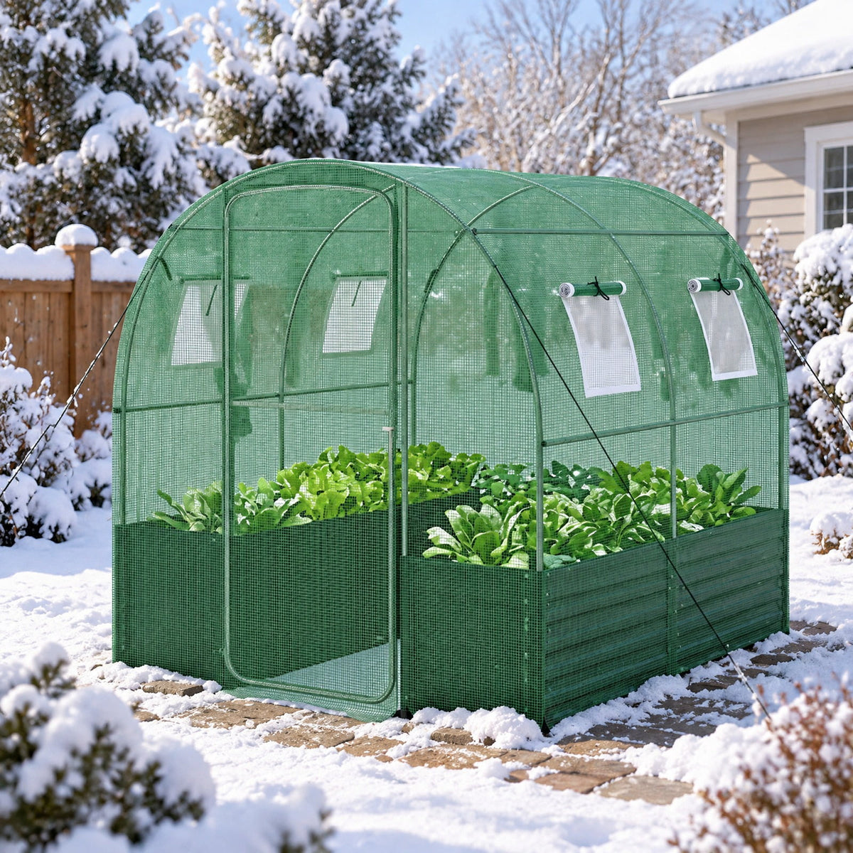 Airfind 80 x 79 x 79 Inches Walk-in Greenhouse with Large Plant Bed, Green, 4 side mesh windows keep small pests away