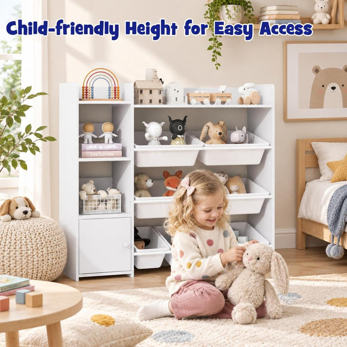 Airfind 4-Tier Kids Toy Storage Organizer Bookshelf and Toy Storage Rack with Door, 22 lbs Capacity, PP Metal MDF Frame, White