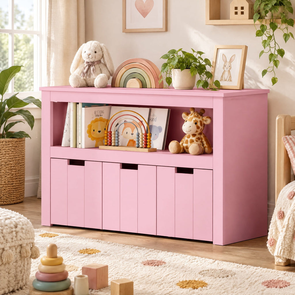 Airfind Kid Toy Storage Cabinet Drawer Chest with Wheels and Large Storage Cube Shelf, 110 lbs Capacity, MDF Frame, Pink
