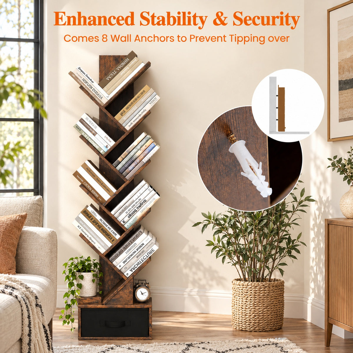 Airfind 10-tier Tree Bookshelf with Drawer Free, 26.5 lbs Capacity, 13 x 7 x 5.5 (L x W x H)Overall Footprint, Rustic Brown Black